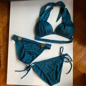 Venus Bikini 3 Piece Greek Goddess Bathing Suit Teal Blue Bikini Top and Bottoms